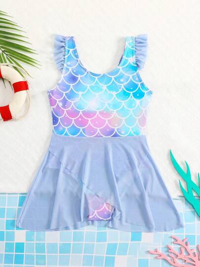 Bộ đồ bơi liền thân cho bé gái với họa tiết vảy cá, viền bèo nhún bằng lưới, kiểu dáng tối giản và thời trang, chất liệu vải dệt kim nhanh khô, thoải mái, thích hợp cho bãi biển, hồ bơi, lướt sóng, kỳ nghỉ, mùa hè, họa tiết ngẫu nhiên.