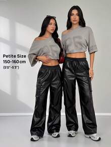 SHEIN PETITE Women's Fall/Summer And Summer Streetwear Going Out Y2K Rapper Basic Athleisure Leather Black Cargo Pants Baggy - Black - View 2