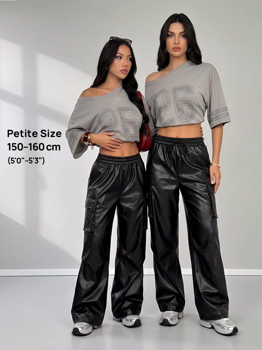 SHEIN PETITE Women's Fall/Summer And Summer Streetwear Going Out Y2K Rapper Basic Athleisure Leather Black Cargo Pants Baggy