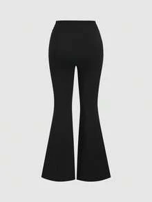 SHEIN Sweetro 2条/套 新款夏季金属扣休闲舒适通勤优雅时尚百搭喇叭裤女裤，咖啡棕色和黑色 - 彩色 - 查看 4