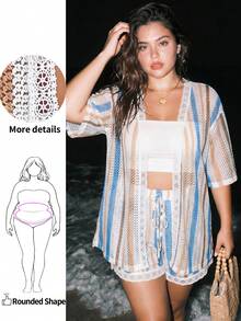 Enliva Plus-Size Women's Brown Knit Shirt And Shorts 2Pcs Set,Summer Boho Vacation Holiday Outfit,Beach Gym Pool Party,For Apple Rounded Shape - Multicolor - View 1