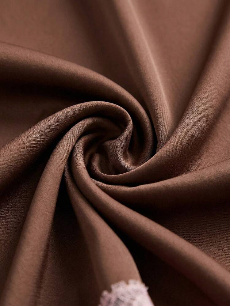 Chocolate Brown Satin Asymmetric Midi Skirt With Contrast Pink Lace Hem Going Out Satin Skirt Spring Summer French Style Parisian Style Casual Outfits