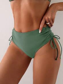 Swim Basics 女士纯色侧抽绳比基尼泳裤 - 軍綠色 - 查看 2