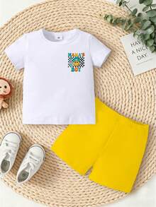 Bộ 2 món đồ chơi bé trai kiểu dáng thường ngày, in hình mặt hoạt hình dễ thương và họa tiết kẻ caro "MAMA'S BOY" gồm áo thun ngắn tay và quần short, thích hợp mặc mùa hè. - Nhiều màu - Xem 4
