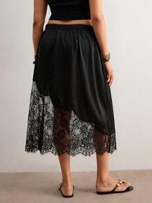 Freevana Plus Size Women's Lace Patchwork Asymmetric Design Black Skirt, Elegant Daily Wear, Spring & Summer Shell Trim, Asymmetrical Design, Satin, Midi Skirt, Music Festival Outfit; Pure Black Skirt, Elegant Style, Suitable For Everyday Wear. - Black - View 2