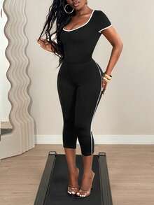 SHEIN BamGlam Women's Summer Fashion Contrast Trim Round Neck Jumpsuit - Black - View 3