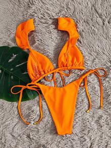 Swim Vcay Set de 2 piezas de bikini casual de mujer para playa y vacaciones, con volantes y lazos laterales en color naranja sólido - Naranja - Ver 2