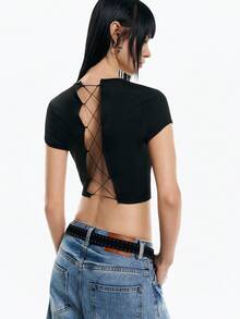 Airlisse Damen Schwarzes Rückenfreies Crop Top, Schnürung am Rücken Design Sommer Girly Club Kurzarm T-Shirt, Street Style Musik Festivals, Strandspaziergänge Tops - Schwarz - Übersicht 4