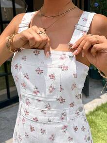 Lyckli White Maternity Floral Print Pocket Adjustable Bib Shorts For Summer Baby Shower,Women Cute Flower Pattern Strap Overalls Y2k Chic Beach Carnival - White - View 3