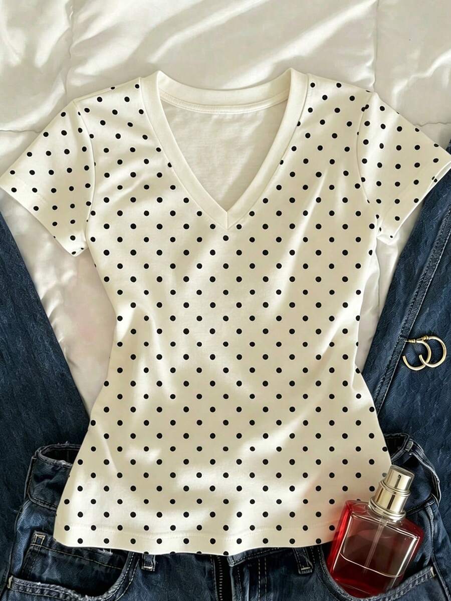 SHEIN Women's Polka Dot Print V-Neck Fitted Short Sleeve T-Shirt - Multicolor - View 1