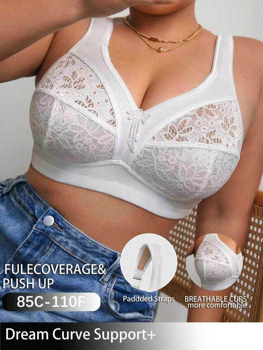 1pc Plus Size Lace Patchwork Wireless Bra - White - View 1