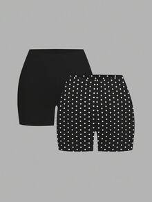 SHEIN EZwear 2pcs Casual Retro Polka Dot Fabric Black Plus Size Women Shorts - Multicolor - View 1