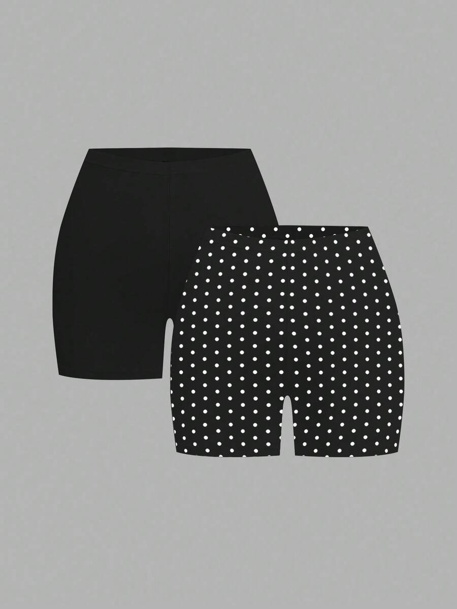 SHEIN EZwear 2pcs Casual Retro Polka Dot Fabric Black Plus Size Women Shorts - Multicolor - View 1