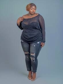 CurvyTilda Plus Size Women's Sheer Mesh Loose Casual Blouse, For Hourglass Body Shape - Black - View 3