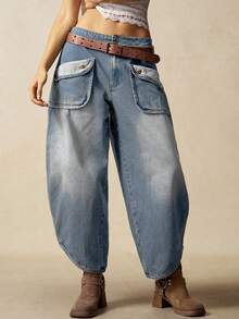 Bohemela Quần jean denim nữ đa năng, dáng rộng, có túi, vạt bất đối xứng - Rửa nhẹ - Xem 1