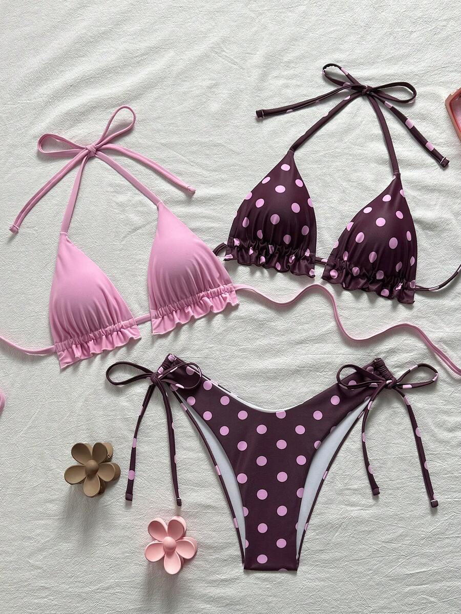 Swim Mod 3pcs Women's Summer Beach Halter Tie Sexy Bikini And Triangle Panty Swimwear Set - Multicolor - View 1
