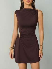 SHEIN Tall Brown Sleeveless Ruched Mini Dress For Women Casual Fitted Knitted Fabric With Asymmetrical Neck - Brown - View 7
