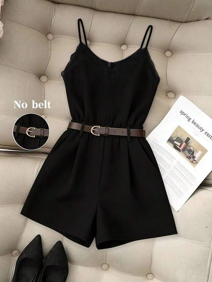 Franclia New Arrival Spring/Summer Women Sleeveless Lace Trim Black Romper - Black - View 1