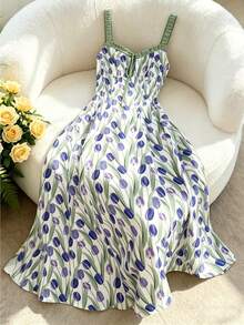 Qadelle Tulip Print Dress, Artistic Floral Sleeveless Summer Vacation Dress - Multicolor - View 3