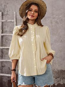 EMERY ROSE Chemise à manches pétales à volants et à simple boutonnage pour femmes de grande taille, couleur unie - Kaki - Voir 6