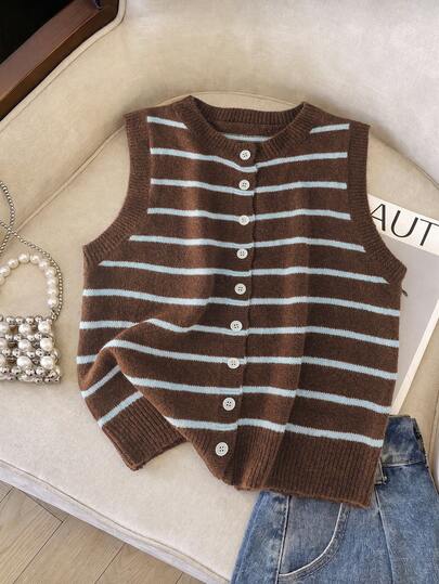 Franclia Áo vest dệt kim không tay tối giản, thanh lịch, phối màu cà phê và xanh dương, kiểu dáng công sở thường ngày, thích hợp cho mùa xuân/hè.