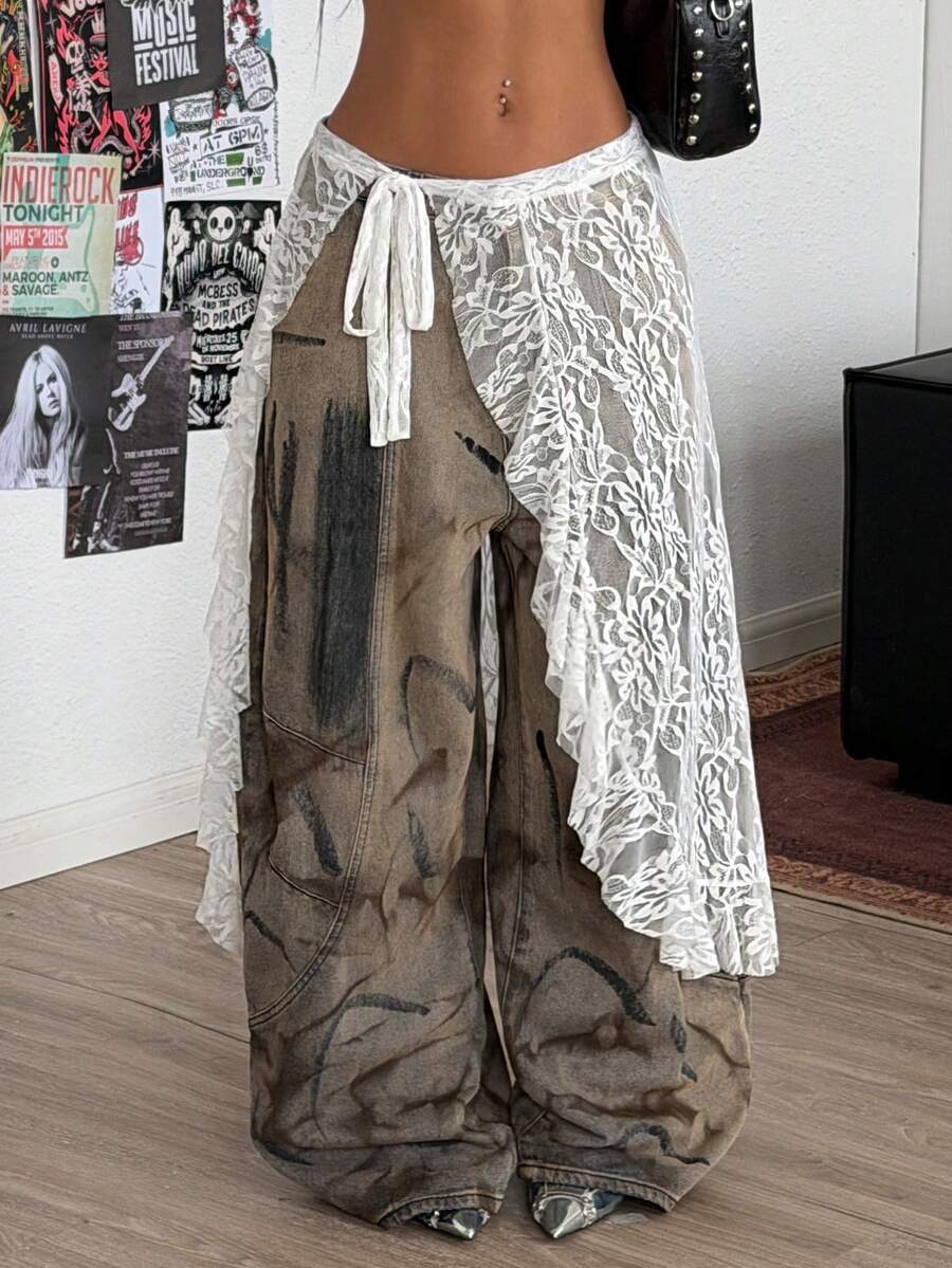Coolane 女士春夏音乐会服装街头休闲返校Y2K度假装蕾丝吊带荷叶边长款罩裙 - 白色 - 查看 1