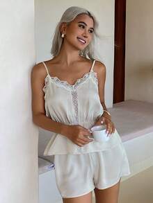 Livesso Women's Solid Color Lace Patchwork Camisole And Shorts Pajama Set Summer - White - View 9