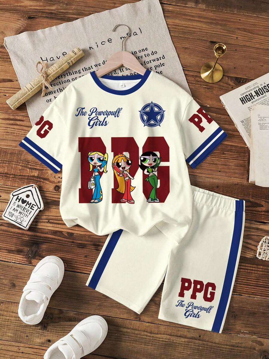 THE POWERPUFF GIRLS X SHEIN Bộ trang phục thường ngày cho bé gái tuổi teen: áo thun cổ tròn tay ngắn và quần short. - trắng - Xem 1