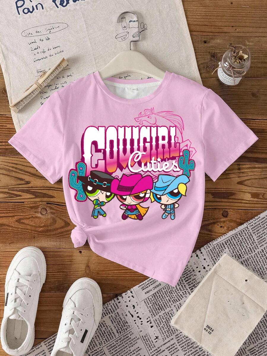 THE POWERPUFF GIRLS X SHEIN Áo thun ngắn tay cổ tròn dáng thường ngày dành cho bé gái tuổi teen - - trắng - Xem 1
