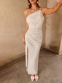 Enchnt White Summer Elegant Civil Wedding Bride Holiday Women's Cutout Shoulder Apricot Pleated Side Slit Hem Fashion Dinner Bridesmaid Dress,Sweet&Elegant - Apricot - View 7