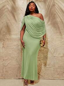 Radiana Elegant Mint Green Plus Size Women's Off Shoulder Maxi Dress With Draped Bodice Perfect For Prom And Special Occasions - Mint Green - View 5