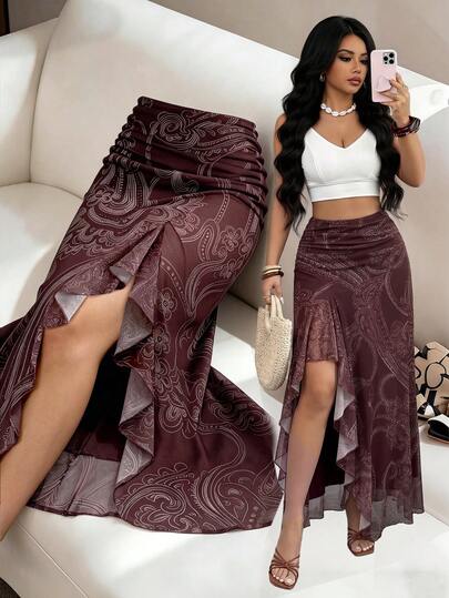 Elenzga 女士红色网纱面料弹力腰荷叶边半身裙，优雅精致，适合情人节、复活节、劳动节、生日、约会、派对、正式场合、教师装、旅行、街头风、春夏穿着。