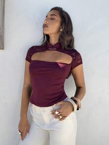 Aloruh 新款夏季女士成熟纯色蕾丝拼接紧身衬衫 - 紫色 - 查看 4