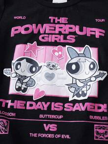 THE POWERPUFF GIRLS X SHEIN 女童休闲卡通字母印花T恤，夏季 - 黑色 - 查看 4