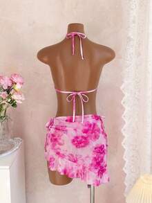 Bellisia Conjunto de Traje de Baño Glamour para Mujer de 3 Piezas: Top Triangular, Top sin Espalda con Tirantes Finos, Falda con Volantes y Lazo Frontal con Lazo Lateral, Bikini de Alta Cali - Multicolor 2 - Ver 4