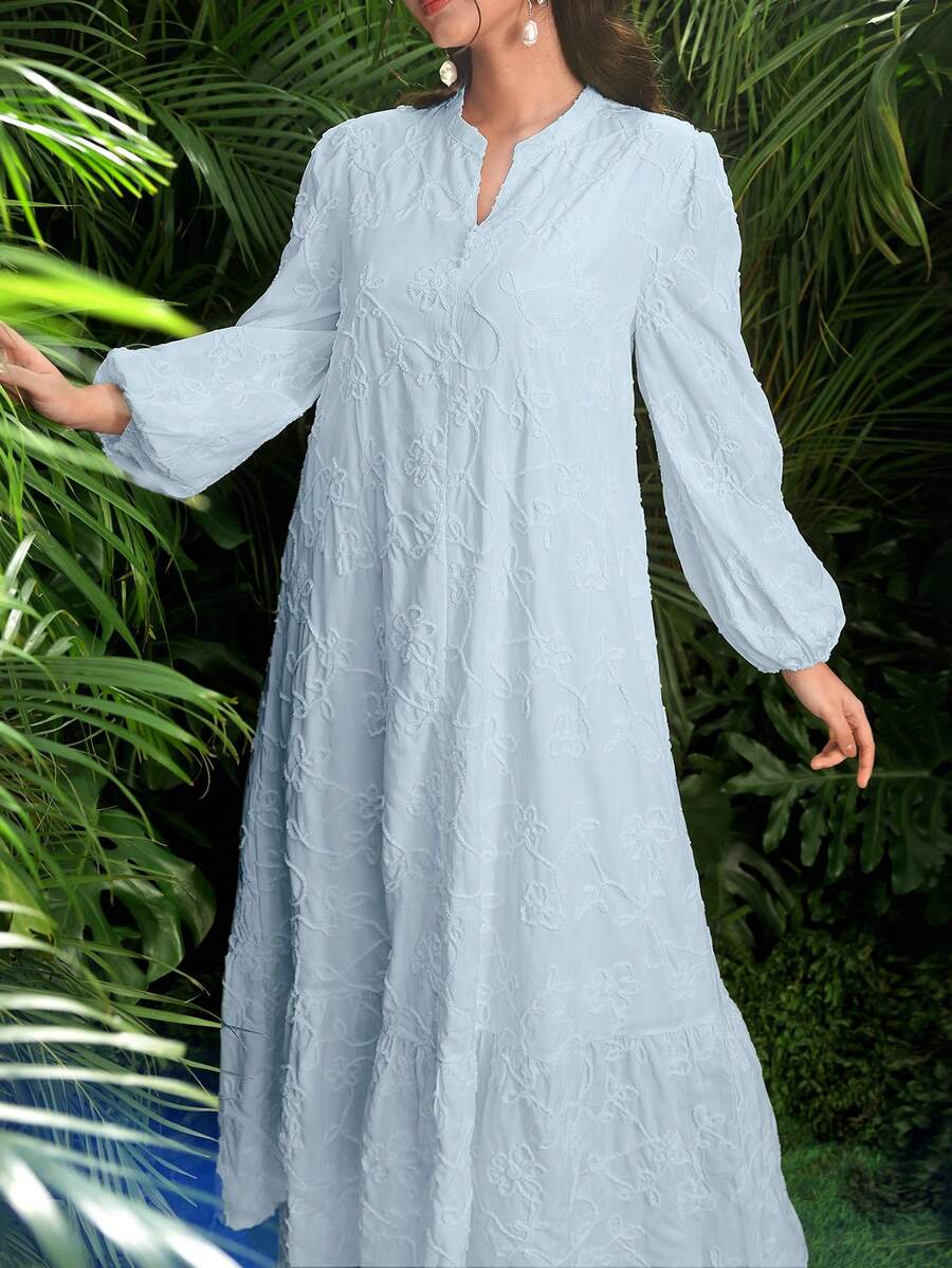 SHEIN Najma 女士立领纽扣装饰刺绣灯笼袖喇叭连衣裙 - 藍色 - 查看 1