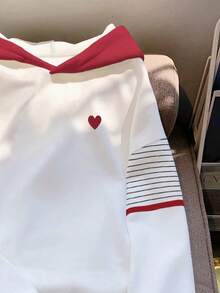 SHEIN 女士心形条纹印花长袖休闲卫衣，秋冬款 - 白色 - 查看 4