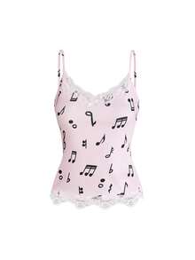 Y2K Retro Music Note & Piano Keyboard Print Tight Lace Trim Camisole 3 Pieces Set - Pink - View 8