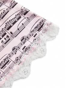 Y2K Retro Music Note & Piano Keyboard Print Tight Lace Trim Camisole 3 Pieces Set - Pink - View 12