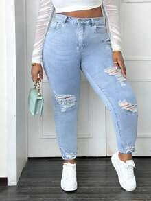 CurvyTilda Talla grande Jeans ajustados desgarro ribete sin dobladillo - Azul - Ver 2