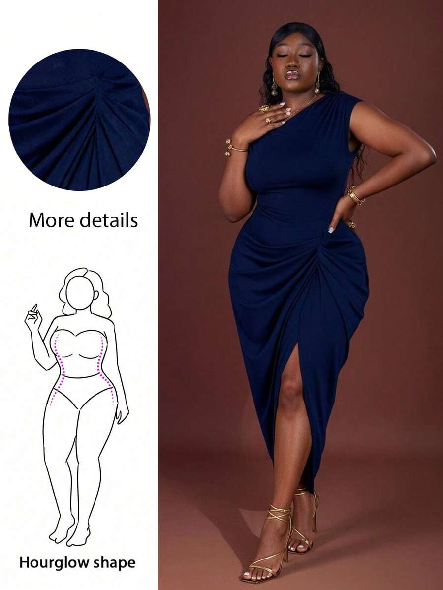 CurvyTilda 大码女装秋冬时尚大码女装优雅约会派对黑色弹力针织舒适褶皱细节露肩垂坠连衣裙不对称下摆开衩中长连衣裙，女士生日礼服 - 藏蓝色 - 查看 1