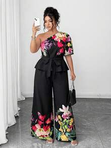 Elenzga Conjunto de 2 peças feminino plus size elegante com estampa floral preta e branca, decote ombro a ombro, cinto e laço, estilo casual chique e modelador. - Multicolorido - Ver 4