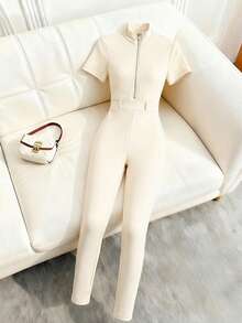 Franclia Women's Front-Zip Bodycon Jumpsuit,Elegant Cream White Summer Brunch Outfits,Solid Color Short Sleeve Casual Suit,Commuting Office Wear,Easter Attire - Apricot - View 4