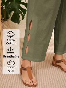 Rosumi Plus Size Vacation Casual Solid Color Hollow Out Pants,Summer Outfits For Women,Vacation Outfits Woman - Army Green - View 1