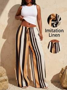 SHEIN SXY Women's Black And White Striped Linen-Like Wide Leg Pants,High Waist Elastic Waistband Summer Boho Elegant Beach Holiday Casual Long Trousers Outfit - Multicolor - View 4