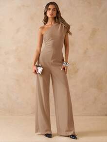 SHEIN BAE Bộ jumpsuit đen dáng ôm, ống rộng, vai lệch, ôm sát dành cho nữ, trang phục thanh lịch để đi chơi hàng ngày, hẹn hò, dự tiệc, gặp gỡ bạn bè. - Màu Khaki - Xem 3
