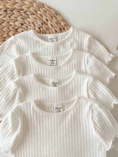  SHEINKids 4 Pieces Set: Baby Girls Cute Ribbed Wavy Hem Short Sleeve Tops, Summer "Babygirl" Design, Buy 1 Get 3 Free
