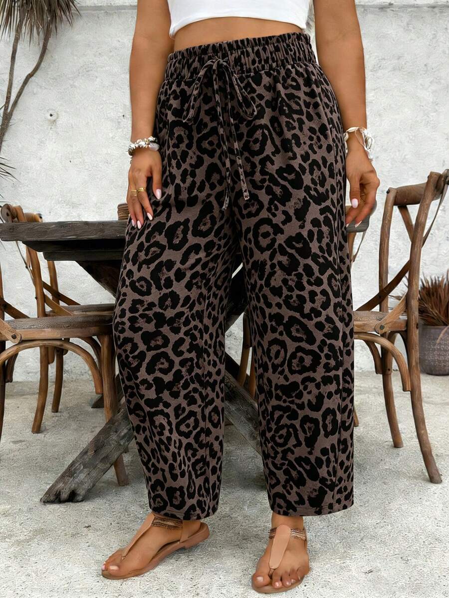 SHEIN VCAY Plus Size Drawstring Waist Loose Leopard Print Paper Bag Pants - Multicolor - View 1