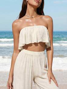 SHEIN Swim 2入組女士休閒荷葉邊上衣和褲子套裝 - 米色 - 查看 4