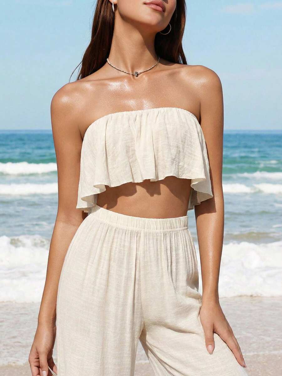 Swim Vcay Summer Beach 2pcs Lady Casual Ruffle Edged Top And Pants Cover Up Set
